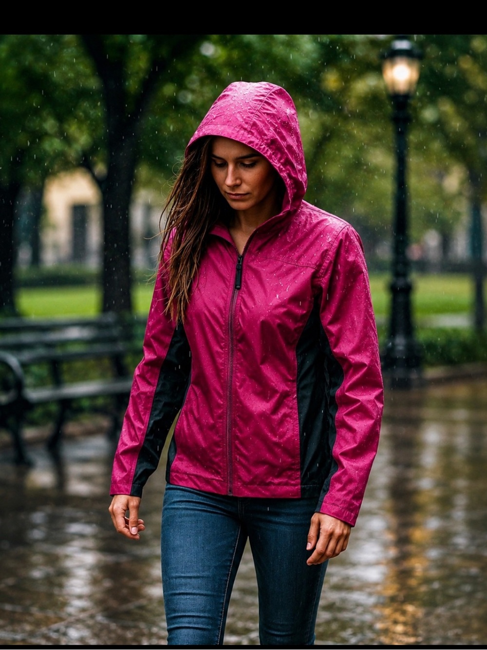 Women's Hooded Raspberry Ski Jacket with Black Panels
